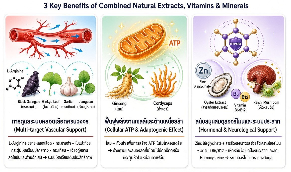 ประโยชน์  L-Arginine, กระชายดำ, ใบแปะก๊วย, กระเทียม, เจียวกู่หลาน, โสม, ถั่งเช่า, ซิงค์, หอยนางรม, เห็ดหลินจือ, วิตามินบี